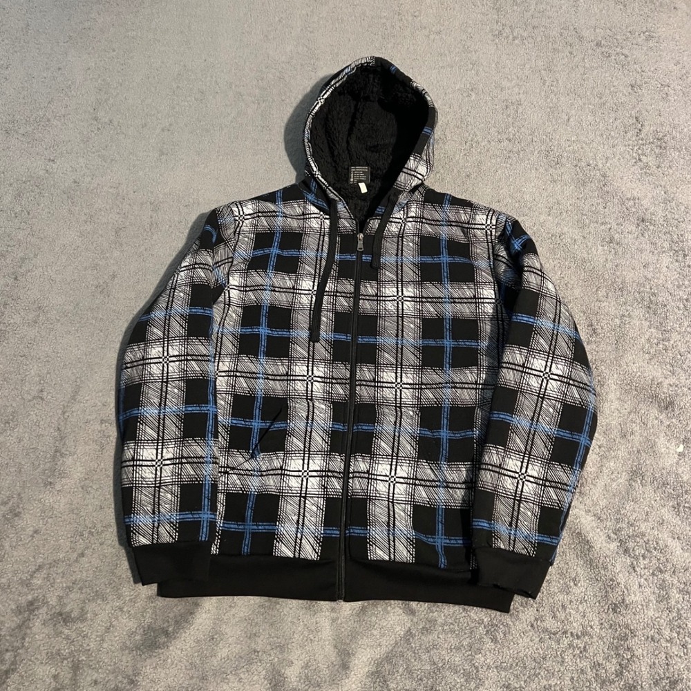 Vintage Y2K Mens Plaid Sherpa Lined Zip Up Hoodie Grunge Skater MallGoth Large